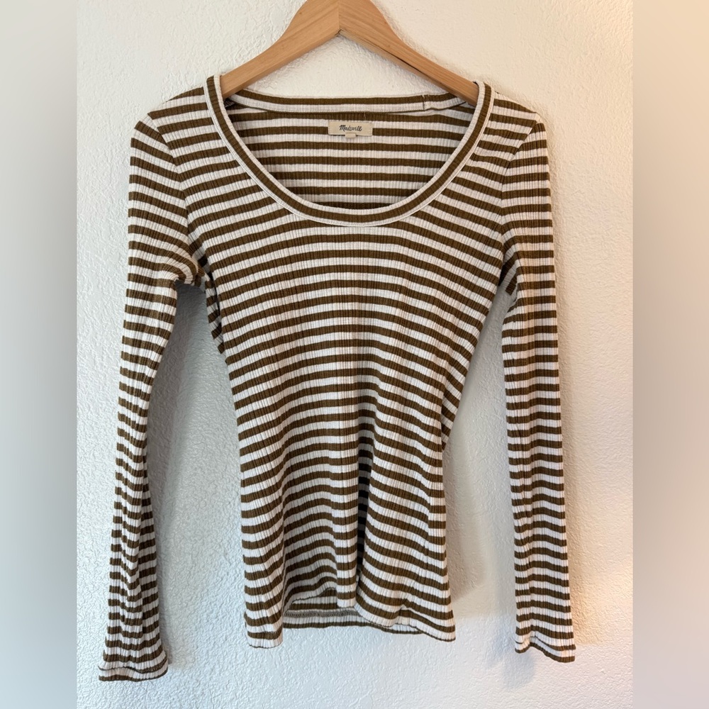 Madewell Brown & White Ribbed Scoop Neck Long Sleeve Top Size Small